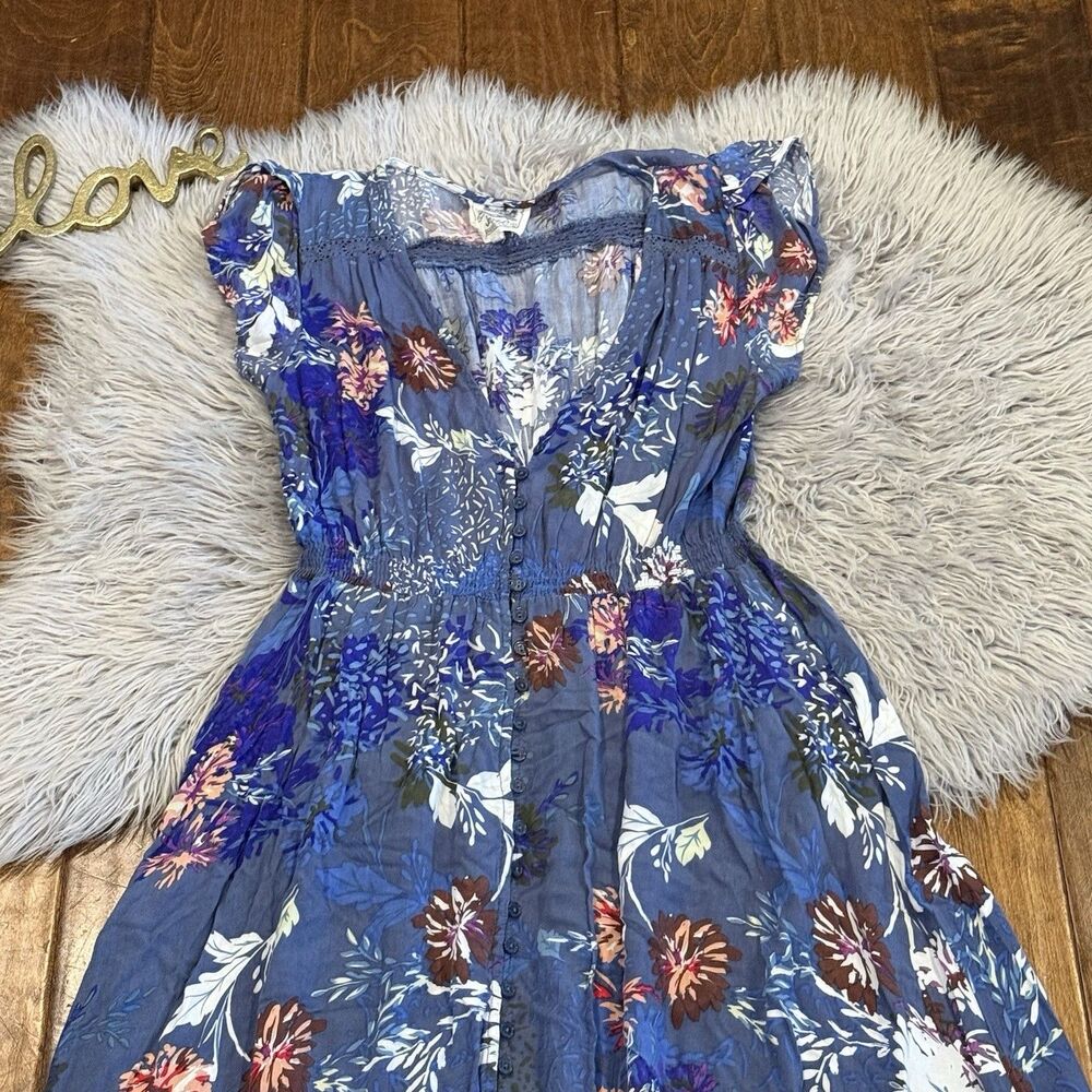 JAASE Maxi Dress Smocked Waist Blue Floral Size Large BOHO Cottage Core Button - Picture 5 of 8